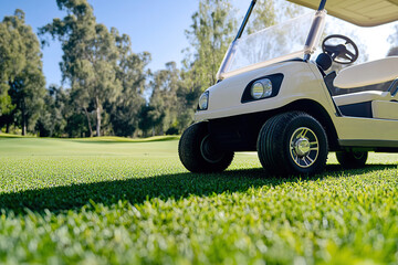 Golf cart on green turf grass field of golf course