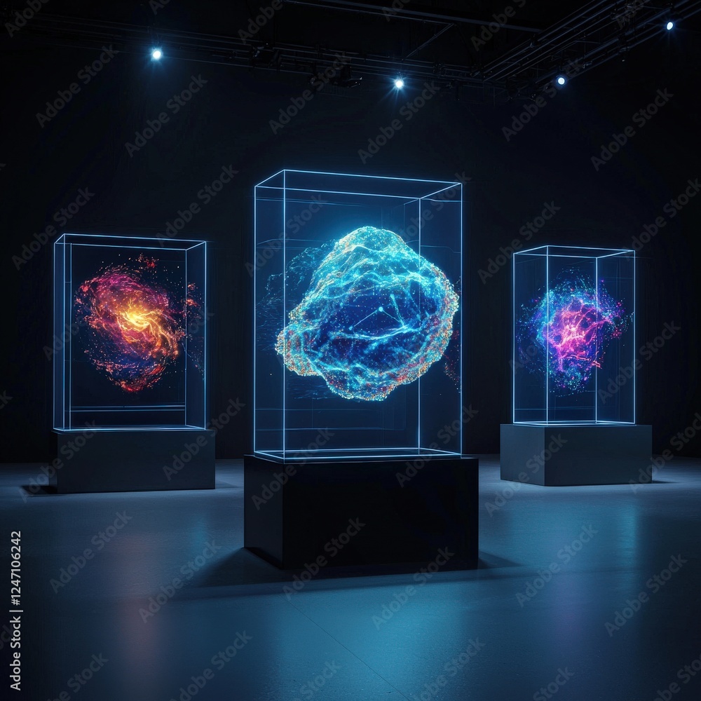 Poster a gallery with futuristic digital art on floating frames.