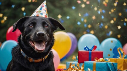 Happy Birthday Dog with Gifts and Balloons