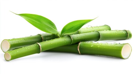 Fototapeta premium Fresh Green Bamboo Stalks with Dew Drops Isolated. Generative AI