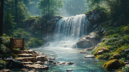 Misty waterfall surrounded by mossy rocks