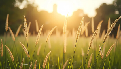 Obraz premium Sunlit grass field with golden light at sunset
