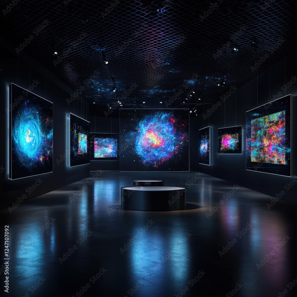Poster a gallery with futuristic digital art on floating frames.
