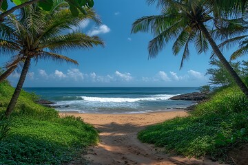 Enjoy the breathtaking scene of this paradise beach, with expansive views of powerful sea waves hitting golden sand, complemented by swaying coconut palms and a brilliant blue sky.