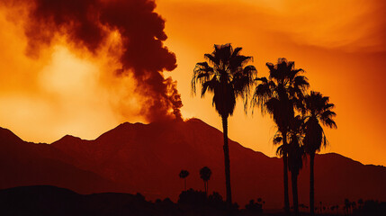 Iconic palm trees silhouetted against an orange sunset in Los Angeles with smoke rising from the hills