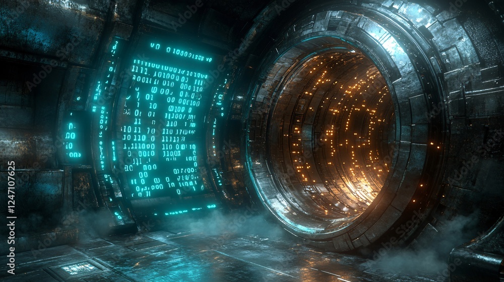 Poster a futuristic portal with glowing blue and orange elements, surrounded by metallic textures, creating