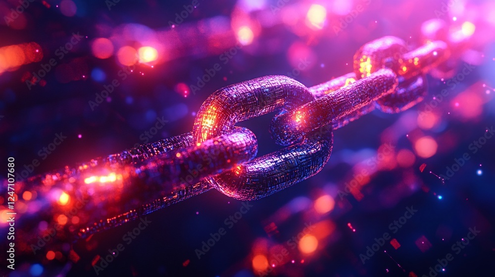 Poster a vibrant, abstract representation of a chain, illustrating interconnected links with glowing effect