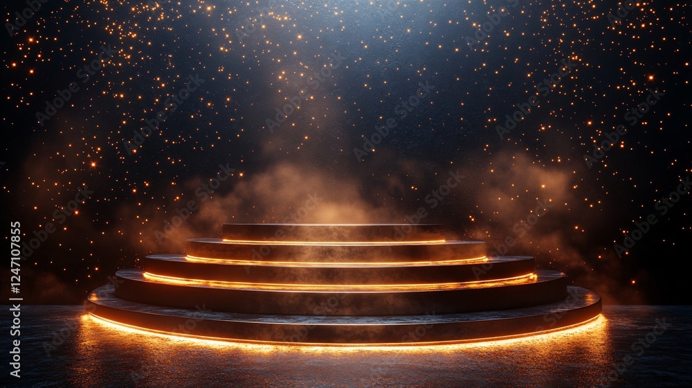Poster a glowing circular platform surrounded by sparkles and mist, creating a mystical atmosphere.