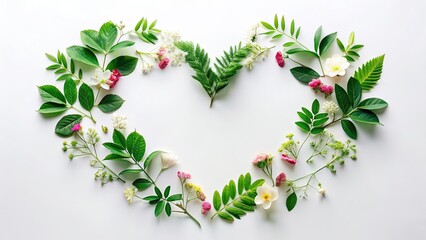 Minimalist Heart Leaves & Flowers Frame - White Background Flat Lay