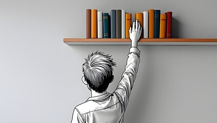 Cartoon of a boy reaching out to grab a book on a bookshelf.