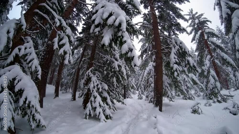 Poster snow covers majestic pine trees in a winter forest, creating a serene and magical atmosphere, captur