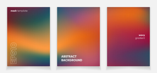 Abstract wavy orange red green liquid background card set with gradient mesh. Blurred fluid colorful background. Modern design template for web covers, ad banners, posters, brochures etc