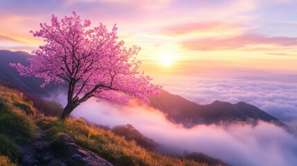 Cherry Blossom Trees in Full Bloom Against a Majestic Mountain Landscape at Sunset with Colorful Skies and Blooming Flowers in Foreground
