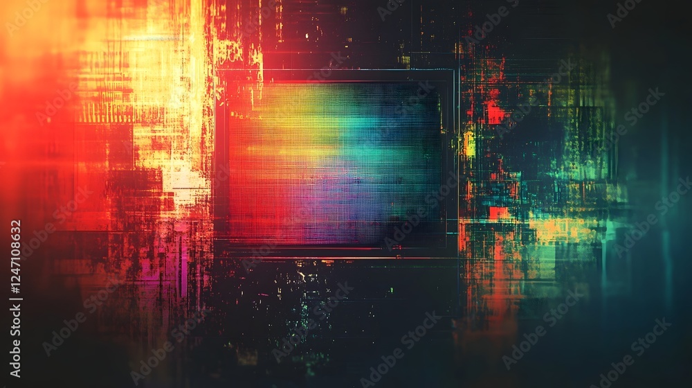 Poster A mesmerizing and captivating piece of abstract digital art featuring a kaleidoscopic display of vibrant neon colors glitches