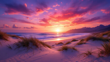 Spring sunset by the sea with a tranquil mood showcasing vibrant colors against a sandy beach background.