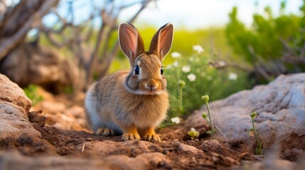 Fototapeta premium Young Cottontail Rabbit in the Wild. Adorable Brown Mammal with Cute Ears and Soft Fur at Rio Grande Nature Center, Albuquerque