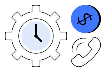 Gear with clock signifies time management, blue dollar crossed out for cost reduction, phone receiver for business communication. Ideal for productivity, efficiency, cost-saving, business strategy