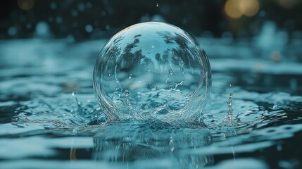Water Droplet Impact Creating a Transparent Bubble. Generative AI