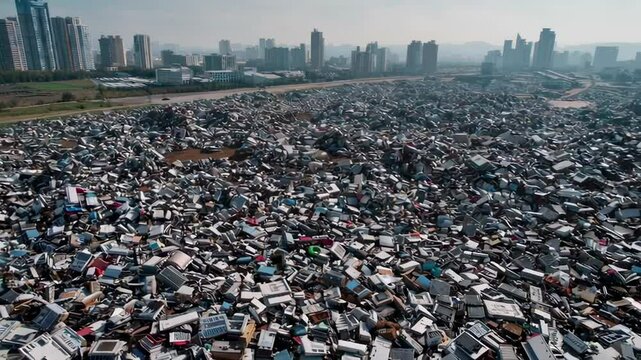 Slow motion montage exposes the alarming scale of the e waste crisis, showcasing a vast landfill overflowing with discarded electronics near a city