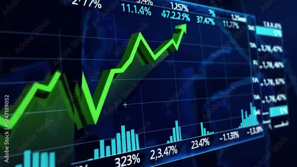 Poster financial data visualization with dynamic green chart and graph elements