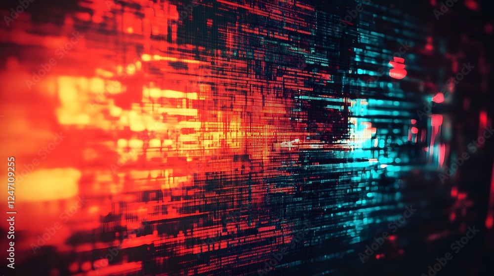 Leinwandbilder Abstract futuristic digital background with glitchy dynamic code patterns and neon gradient lighting  Cyberpunk inspired high tech visualization of data programming and technology