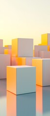 A serene landscape of glowing cubes reflecting soft light during a tranquil sunset in a modern artistic setting.