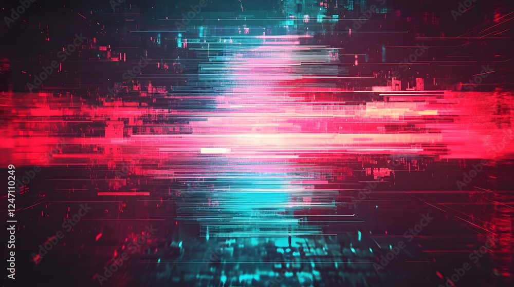 Poster Captivating abstract background featuring a dynamic explosion of glitching neon lights colorful particles and futuristic digital distortions