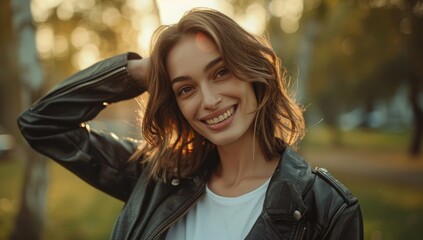 Portrait of an adult brown hair woman with her hands behind her head