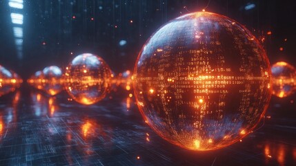 Futuristic sphere, data streams,  dark interior,  glowing light