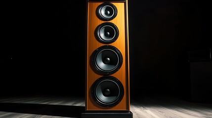 Modern floor-standing speaker in dark room