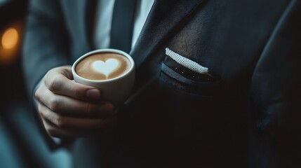 Man in suit holding coffee with heart latte art