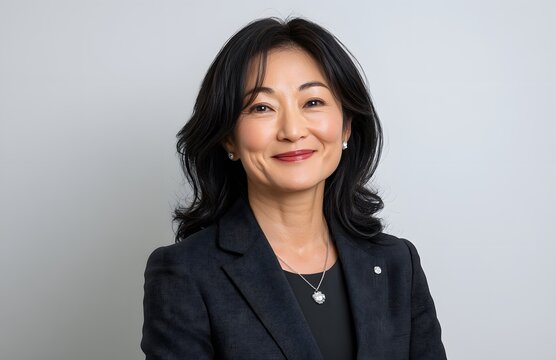 Smiling businesswoman portrait, studio, grey background, headshot, professional