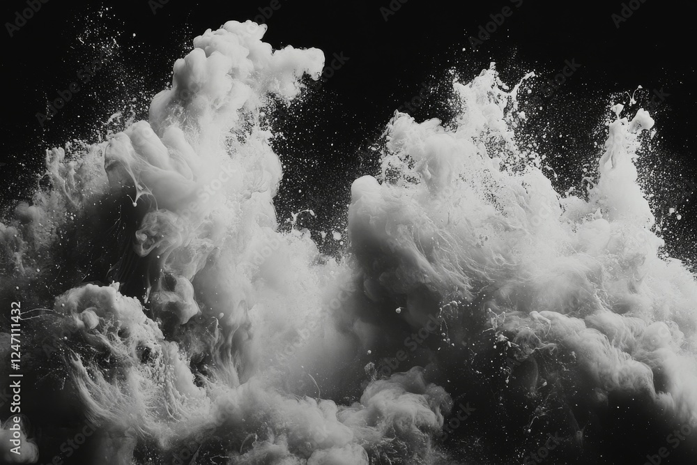 Poster dramatic waves crashing against each other creating a cloud of foam and mist in a dark background