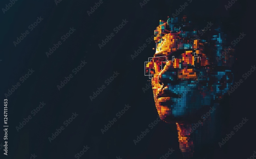 Poster vivid digital art of a human face constructed with colorful glowing cubes and pixels on a dark backg