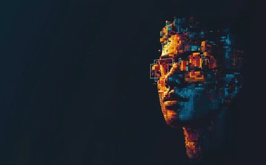 Vivid digital art of a human face constructed with colorful glowing cubes and pixels on a dark background, representing futuristic technology, artificial intelligence, and modern design