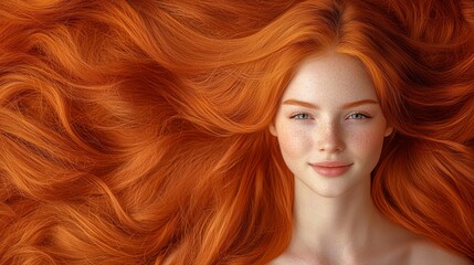 Obraz premium A young woman with striking orange hair displays a warm smile while lying on a soft surface. Her hair cascades around her, creating a mesmerizing halo effect