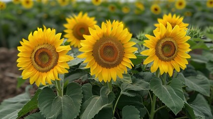 Naklejka premium A vibrant display of sunflowers in a lush green field, showcasing their bright yellow petals and rich brown centers under natural sunlight.