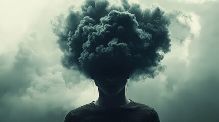 Dark storm cloud over a person's head against a cloudy sky, symbolizing mental burden and stress. Ideal for mental health, wellness, and psychology themes.