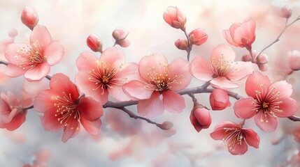 Delicate Pink Quince Flowers Against Soft Background. Generative AI