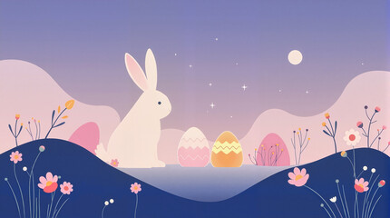 Obraz premium Minimalistic illustration of a cute bunny sitting next to colorful Easter eggs under a starry night sky