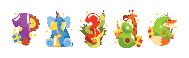 Happy Animal with Bright Number as Anniversary Celebration Vector Set
