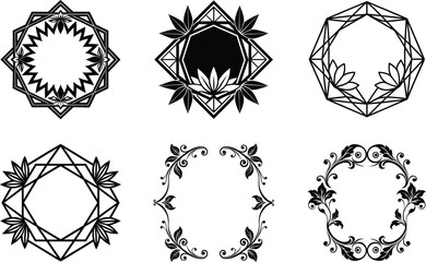 set of black and white floral elements
