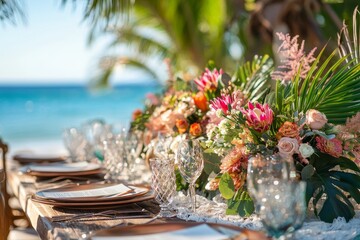 Beautifully set table by the beach for an elegant outdoor wedding celebration with floral centerpiece