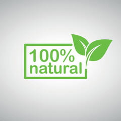 Green lettering, 100% natural in a rectangle with two leaves on the right, eco-friendly design.
