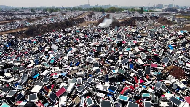 Smoke rising from a large pile of discarded computer monitors and other electronic waste highlights the growing environmental pollution crisis