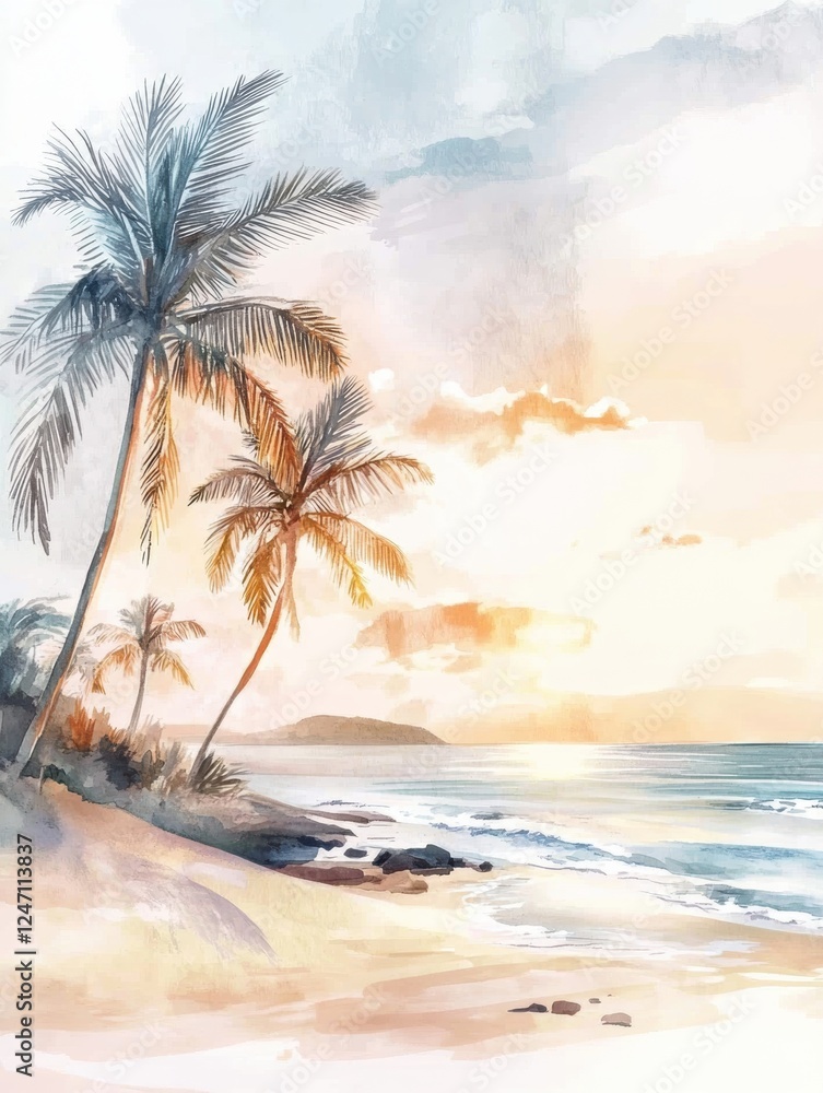 Aufkleber serene watercolor illustration of a beach at sunset with palm trees and gentle waves. generative ai