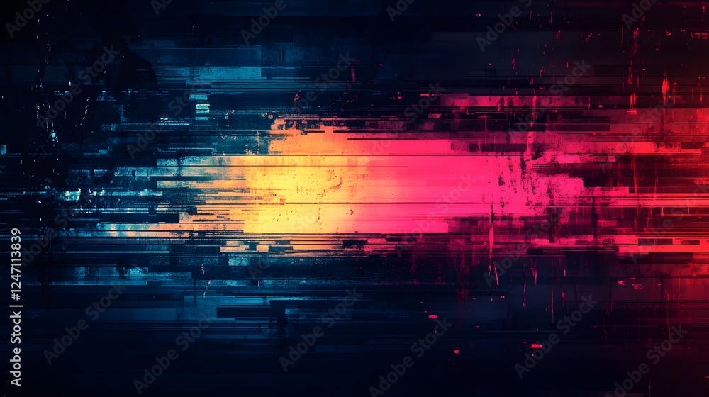 Poster captivating digital art piece featuring a mesmerizing glitch effect with vibrant neon like colors dy