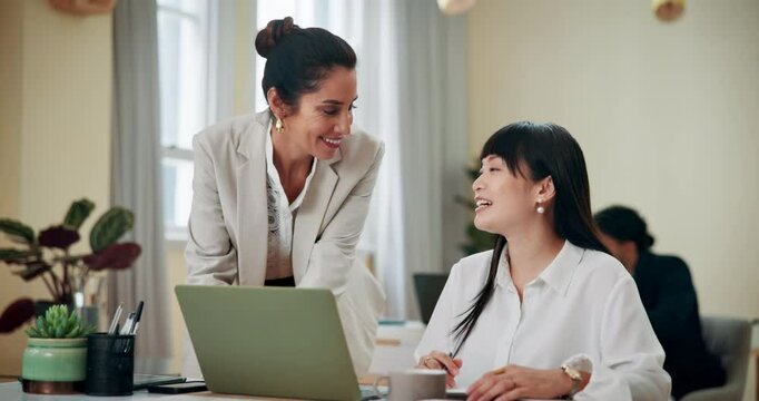 Teamwork, happy and women with laptop, talking and explanation for intern with project and online. Office, web designer and manager with trainee in meeting, feedback and collaboration with app