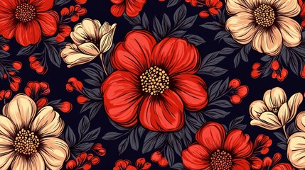 This vibrant floral pattern features red and cream flowers against a dark background, perfect for various design projects.