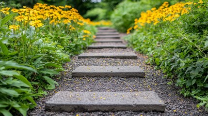 Obraz premium A serene garden path lined with vibrant yellow flowers invites peaceful strolls through natures beauty and tranquility.